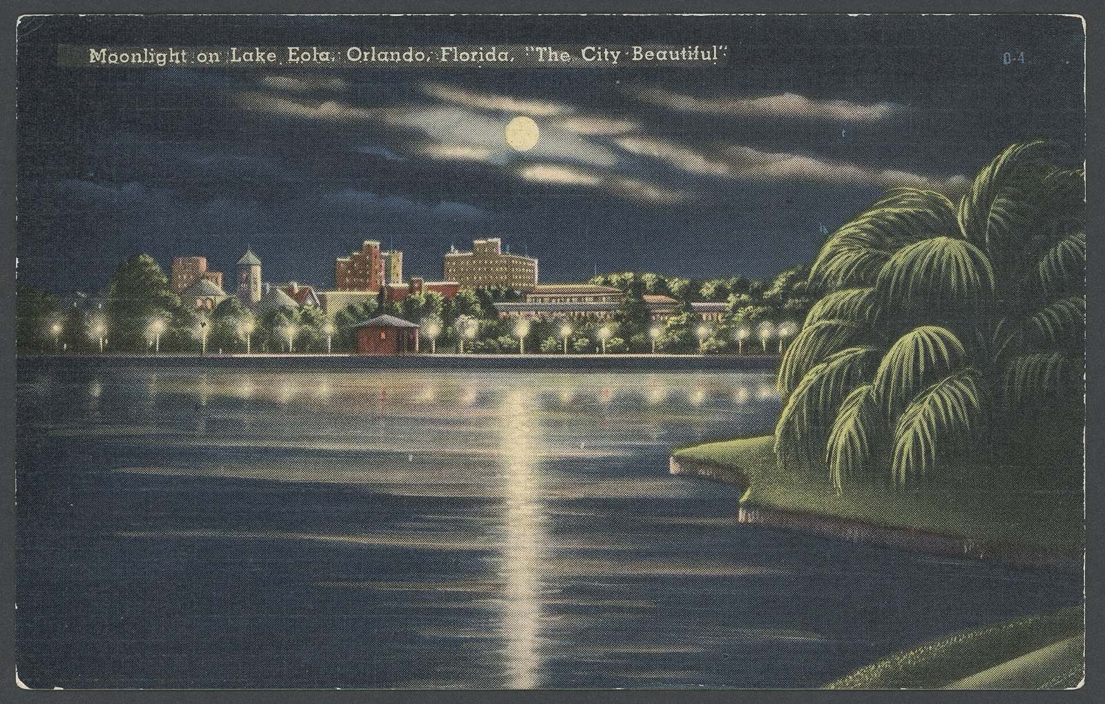 A 1940s postcard of Lake Eola at night, with the downtown skyline and a full moon
