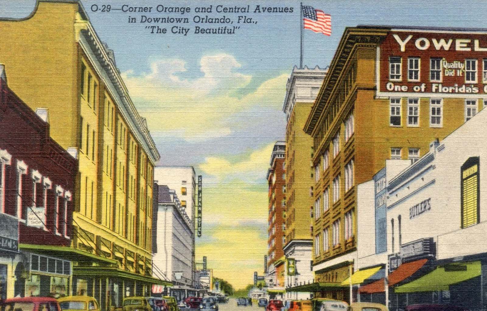 A mid-century postcard of the corner of Orange and Central avenues in downtown Orlando, with cars on the street